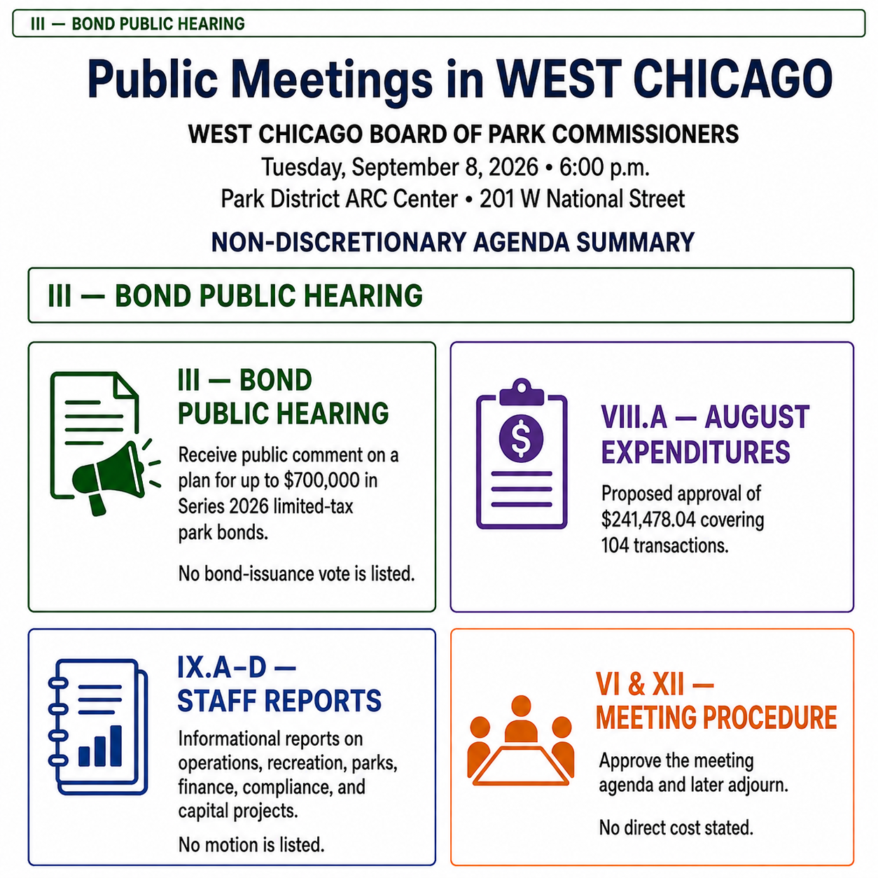 Park District Board agenda highlights for September 8, 2026