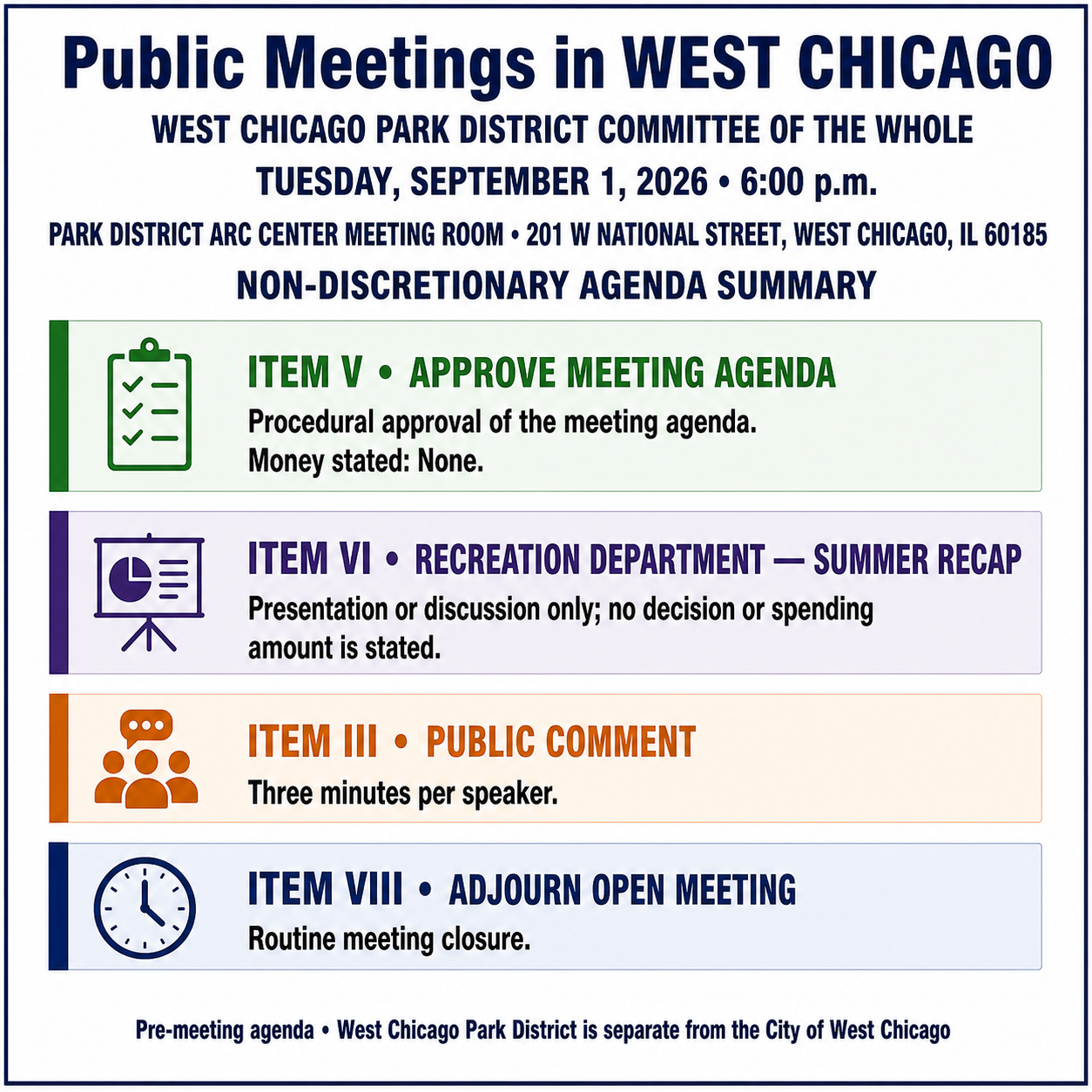 Park District Committee of the Whole agenda highlights for September 1, 2026